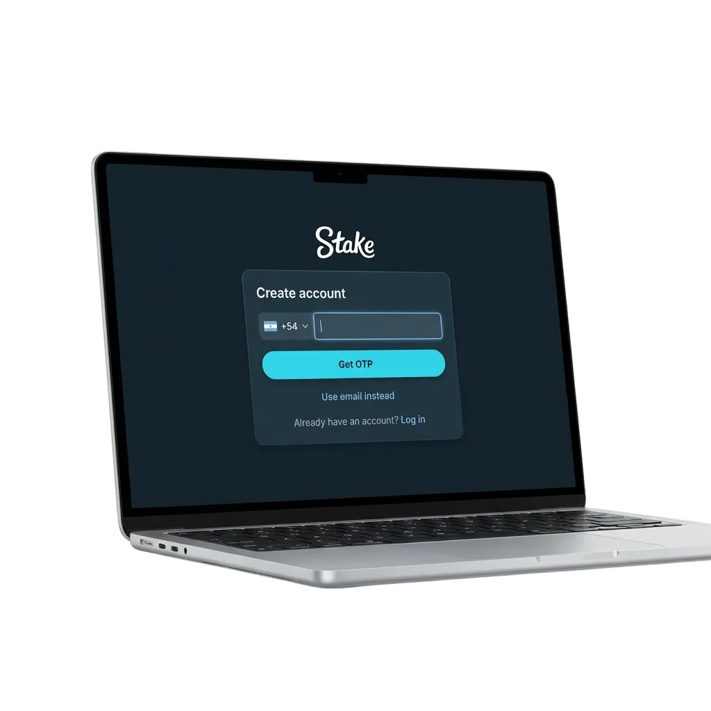 Formulario de registro de Stake Argentina mostrando opciones de inicio de sesión y acceso a casino y apuestas deportivas